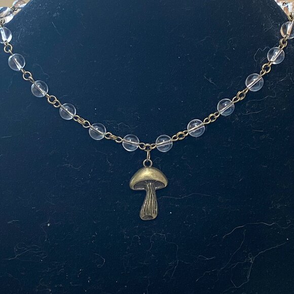 Genuine Clear Quartz Short Necklace, Bronze Slim Mushroom + Natural Gemstone - Picture 3 of 16